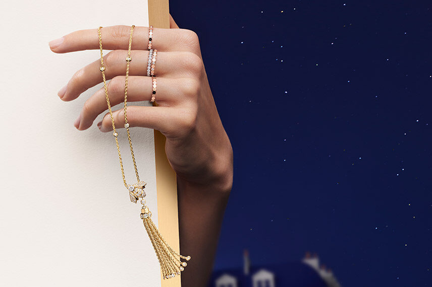 Bee de chaumet collection : rings in white and rose gold, and pendant with diamonds. 