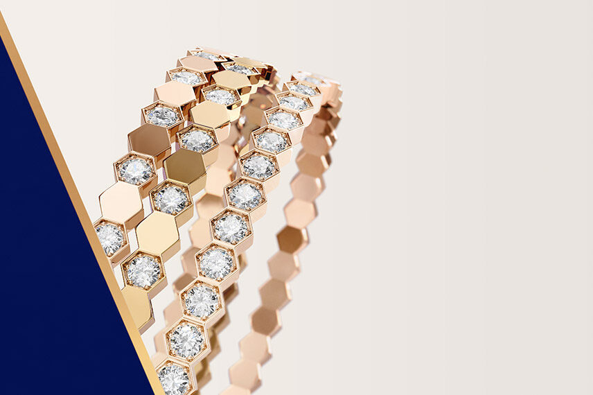 Bee de Chaumet Collection l Bracelets pavé and semi pavé with diamonds in rose and yellow gold. 