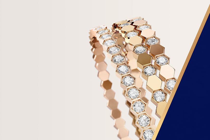 Bee de Chaumet Collection l Bracelets pavé and semi pavé with diamonds in rose and yellow gold. 